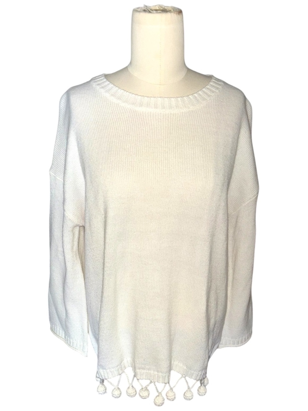 The Impeccable Pig White Pom-Pom Hem Lightweight Sweater